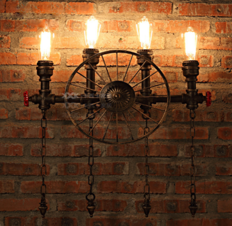 3098*Lampara de pared retro,rueda,cañerías,cadenas